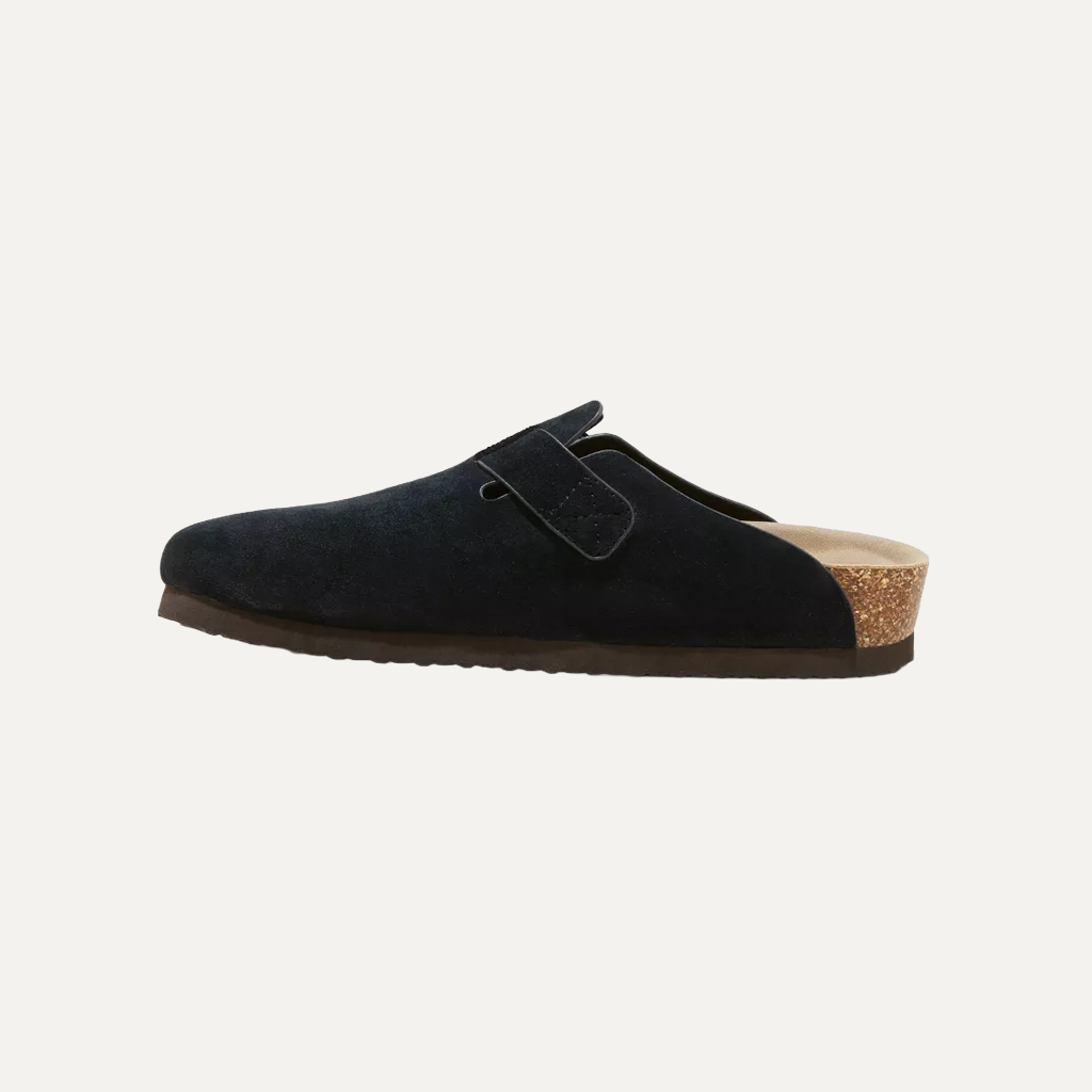 black cloggs on a white background