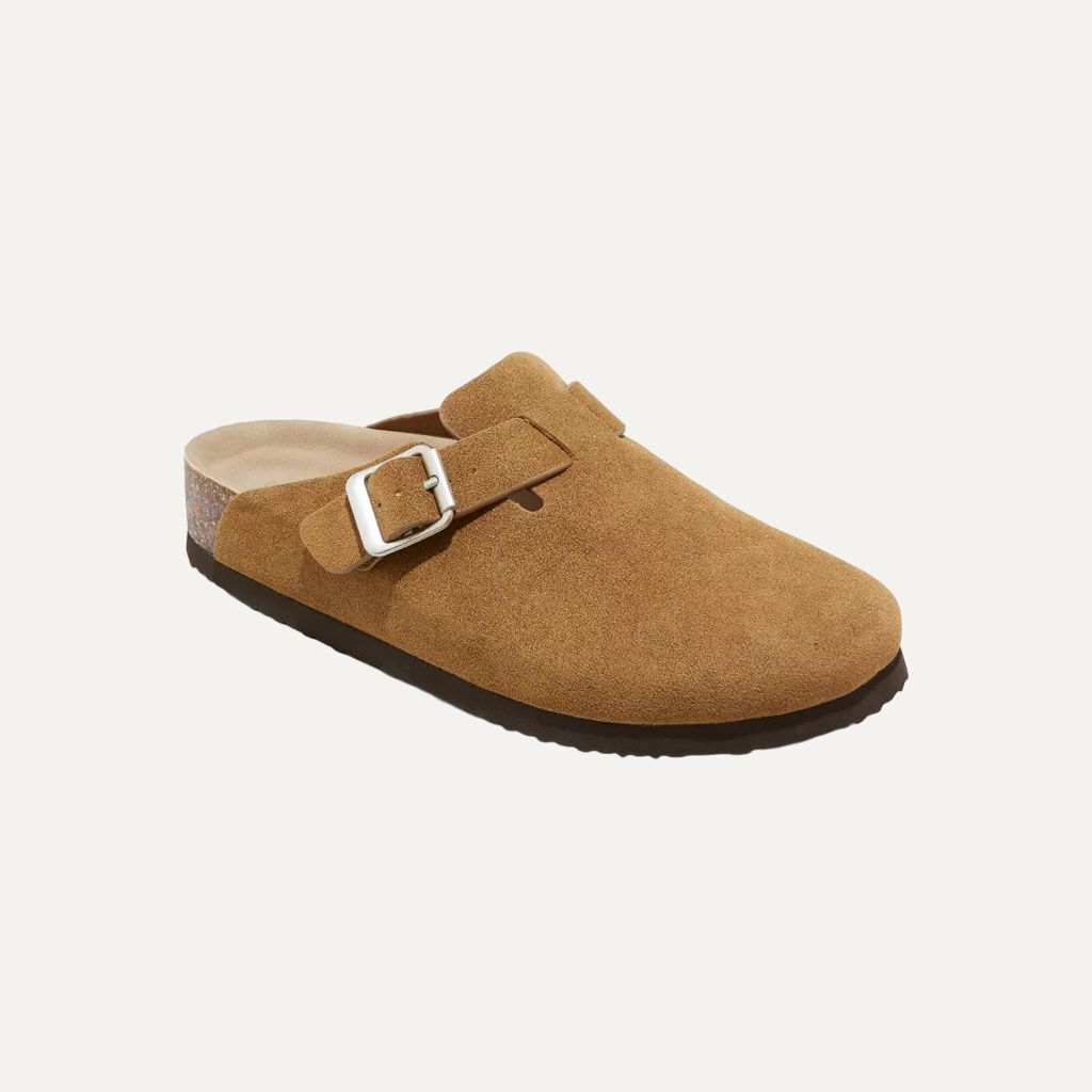khaki cloggs on a white background