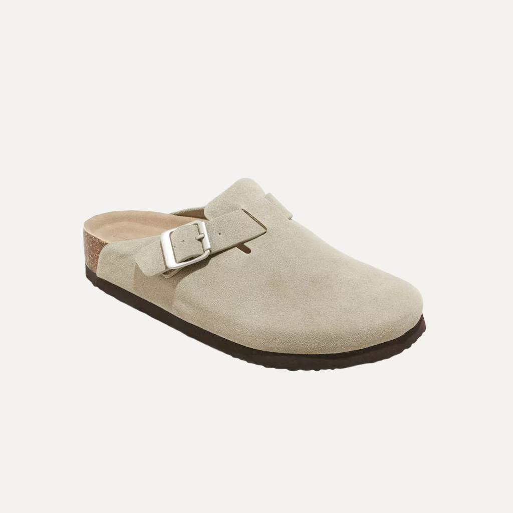 taupe cloggs on a white background