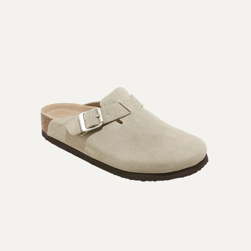 taupe cloggs on a white background